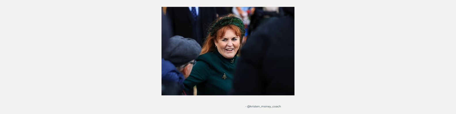 Sarah Ferguson in a crowd smiling with a forest green headband on her red hair and a matching forest green coat